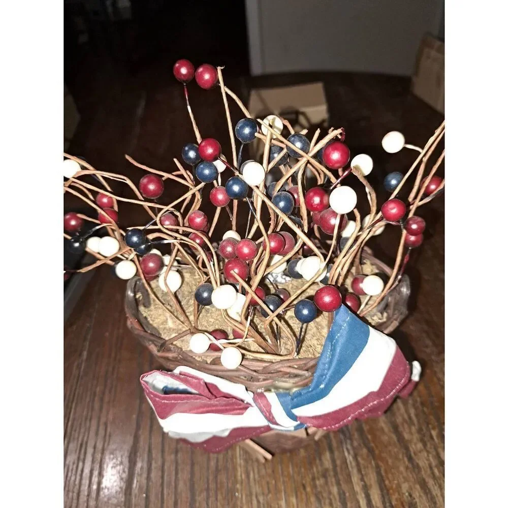Vintage Handmade Patriotic Hanging Basket Ribbons Beads Flowers Farmhouse Rustic
